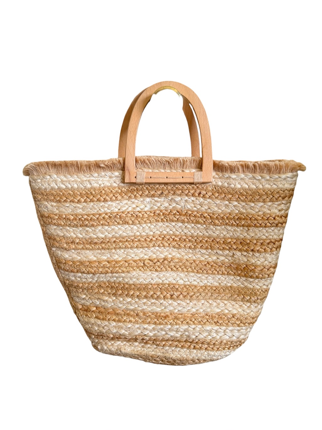 Antik Kraft Striped Natural And Cream Woven Straw Tote With Wood Handles